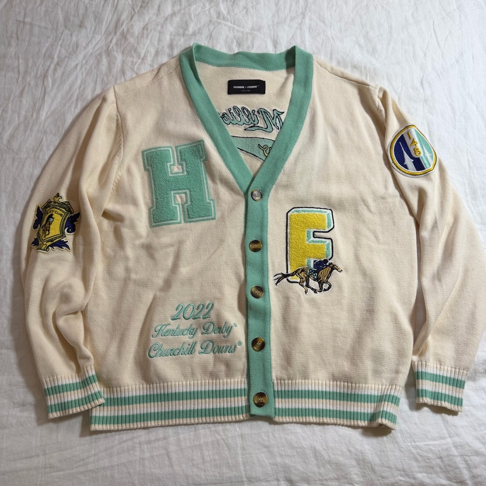 Homme Femme Kentucky Derby Millionaires Row Cream and Green Knit Cardigan